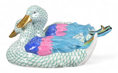 Herend Pair of Ducks Fishnet Green Figure
