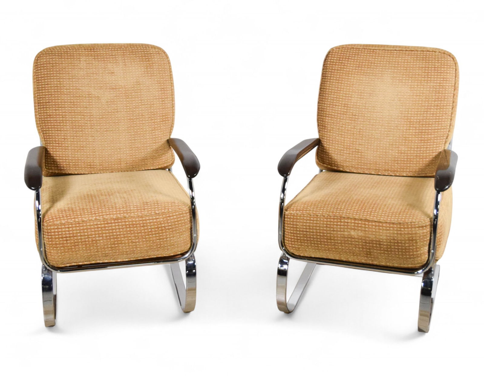 Pair Of K.E.M. Weber Spring Chairs: Pair of K.E.M. (Karl Emanuel Martin) Weber spring chairs. Designed for Lloyd Manufacturing. Some nicks, dents and rubbing to wood. 24 1/2" x 38" x 33". Seat height 19"