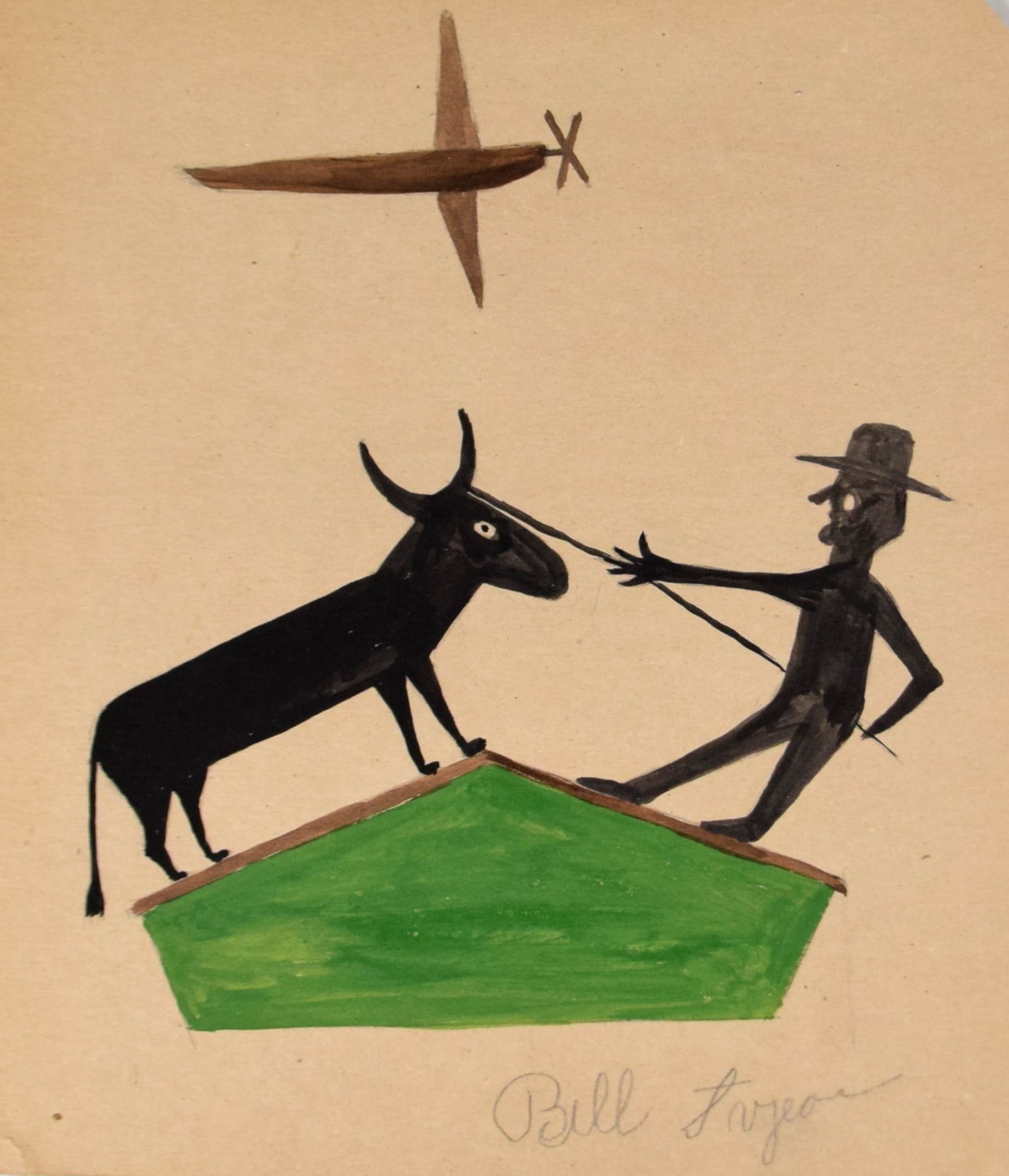 Bill Traylor Folk Art Painting on Cardboard Plane: Attributed to Bill Traylor (American, 1854-1947). Tempera and pencil on found cardboard, man with donkey and airplane. Signed in pencil lower center. 13 7/8" x 12". Creases to corner lower left.