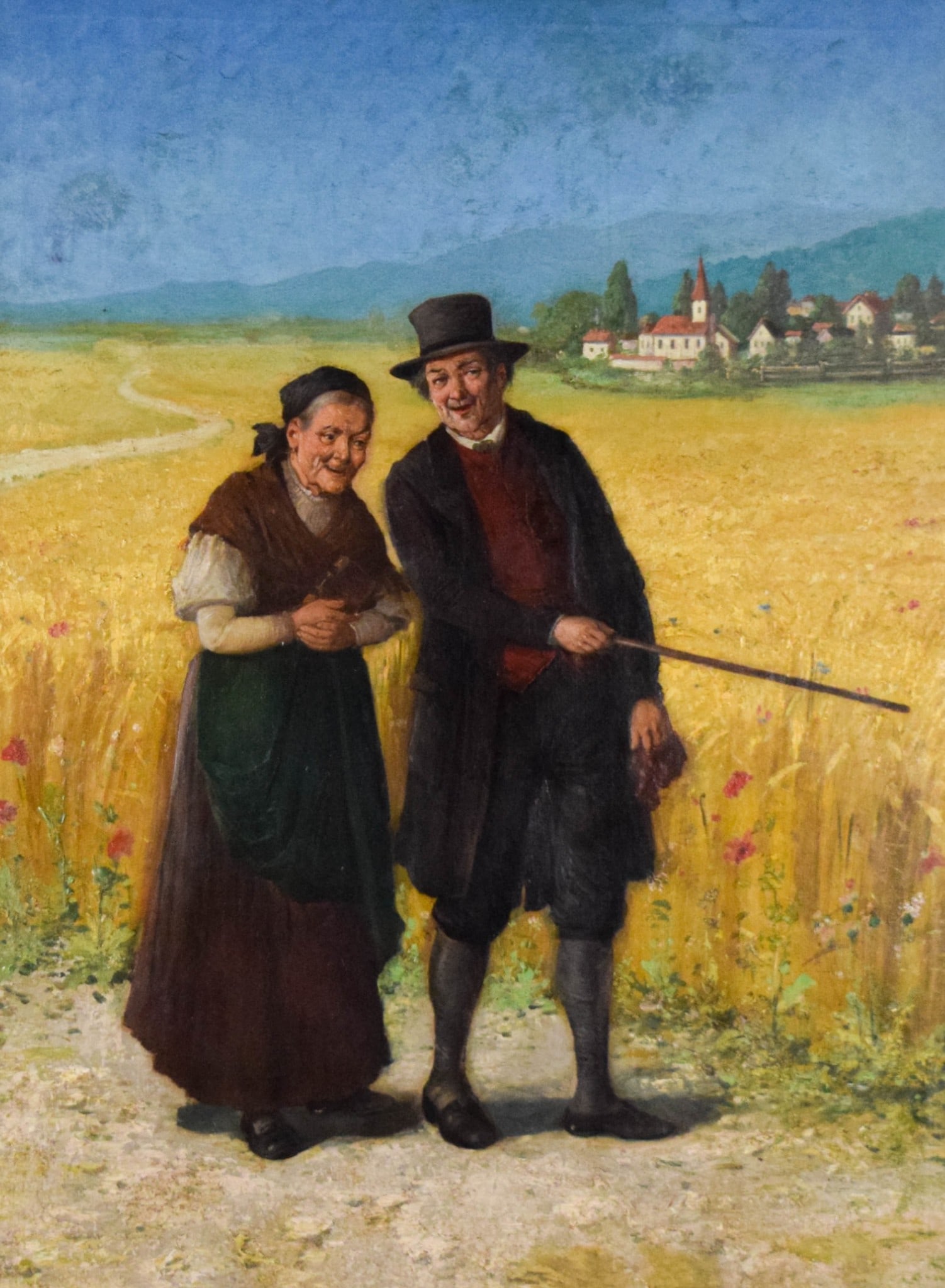 S. Constantin Oil on Canvas Walking Through: S. Constantin (19th / 20th century). Oil on canvas, couple in landscape, Walking Through the Field. Signed S. Constantin and dated Vienna 1902 lower left, handwritten label with title on verso. 39" x 