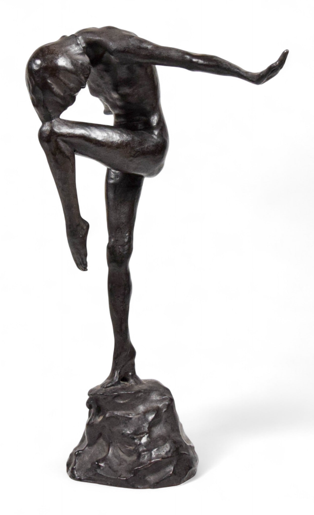 Renee Irene Prahar Bronze Nude Dancer: Renee Irene Prahar (American, 1880-1962). Bronze sculpture, nude dancer. Signed R. Prahar and with B. Zoppo Foundry New York marked on the base. 18 3/4"H. Cracks to the base of the foot.