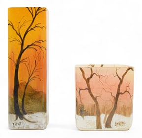 2 Legras Enameled Vases Winter Landscapes