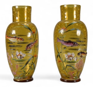 Pair Moser Crackled Glass Vases With Applied Fish