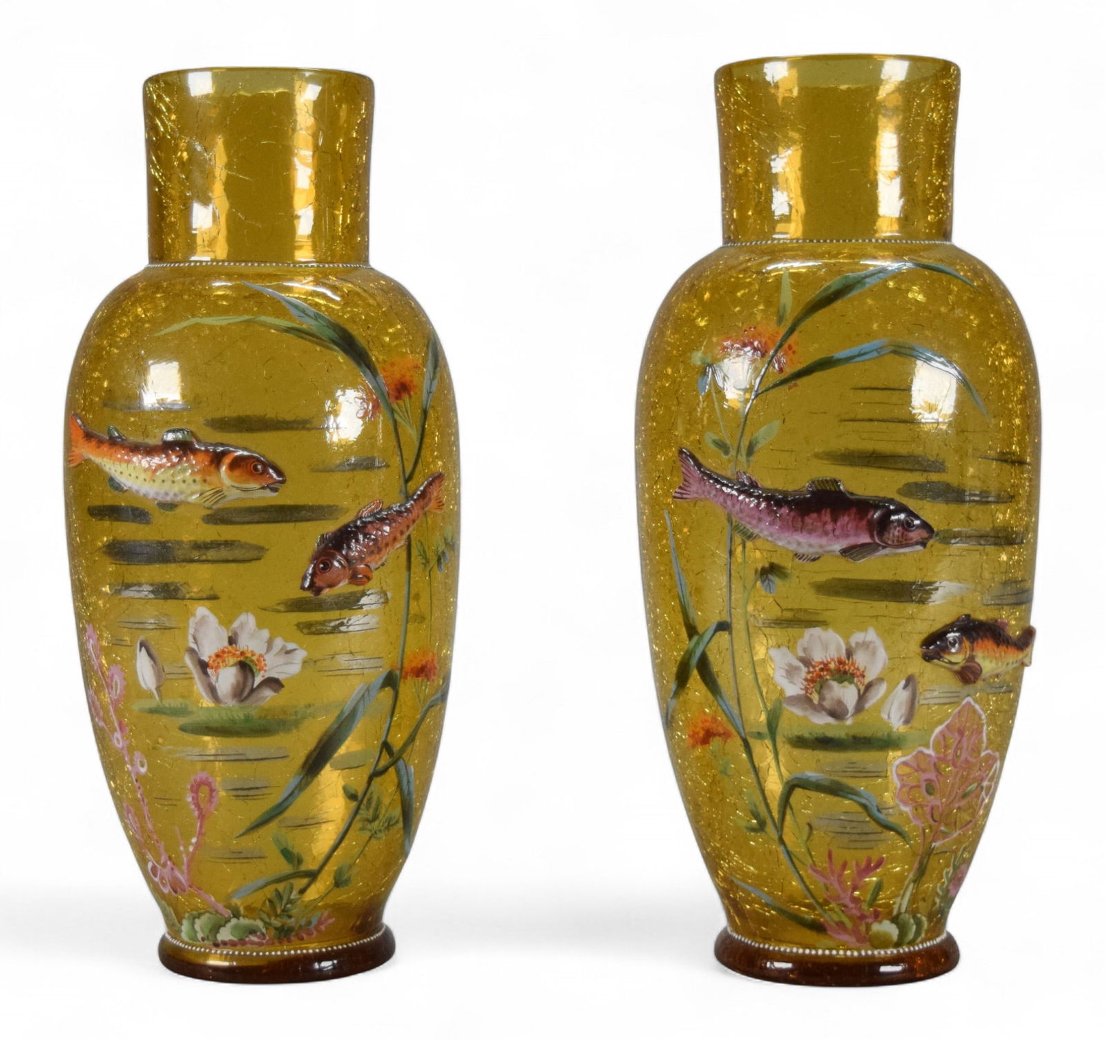 Pair Moser Crackled Glass Vases With Applied Fish (1 of 14)
