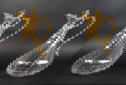 Pair Martin Benito Crystal & Gilt Bronze Ewers