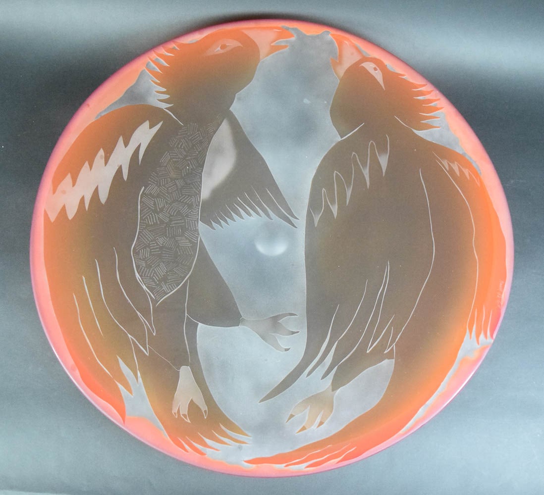 Steven Newell Art Glass Charger Birds: Steven Newell (American, 1948-). Art glass charger, birds. Signed and dated 82 along the rim. 19 3/4"-diameter.