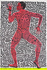 Keith Haring Into 84 Shafrazi Exhibition Poster: Keith Haring (American, 1958-1990). Lithograph exhibition poster, Into 84, Tony Shafrazi Gallery, New York, 1984. Signed in the plate lower right. Unframed. Sheet 35" x 23". Waviness to paper, creases