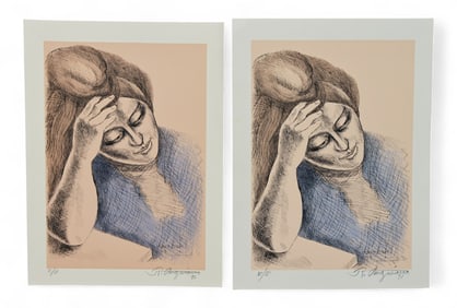2 Raul Anguiano Lithographs Pensativa