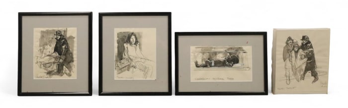 4 Signed Beutel Ink Wash & Pencil Drawings