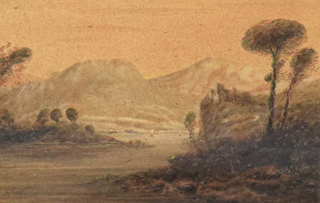 John Smart Watercolor Landscape in Bone Frame: John Smart (British, 1838-1899). Watercolor landscape. Signed J Smart lower left. In a bone frame. 4 1/4" x 6 1/2" (with frame 8 1/4" x 10 1/2"). Sections of bone missing from frame.