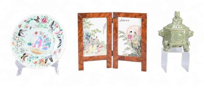 3 Pieces Chinese Porcelain Censer, Plate, Screen