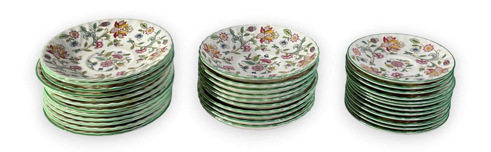 34 Minton Haddon Hall Small Plates & Saucers: 34 Minton Haddon Hall porcelain small plates and saucers, including sizes 4 3/4", 5 3/4", and 6" diameter. Marked Minton Bone China Made in England on underside of each. No visible damage.