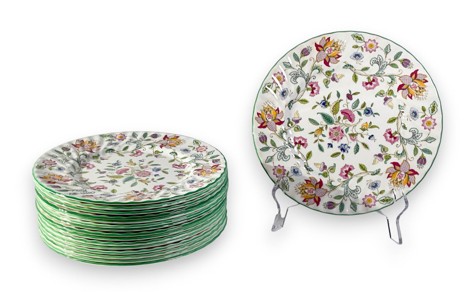 16 Minton Haddon Hall Porcelain Dinner Plates: Set of sixteen Minton Haddon Hall porcelain green floral dinner plates. Marked Minton Bone China Made in England on underside of each. 10 1/4" diameter. No visible damage.