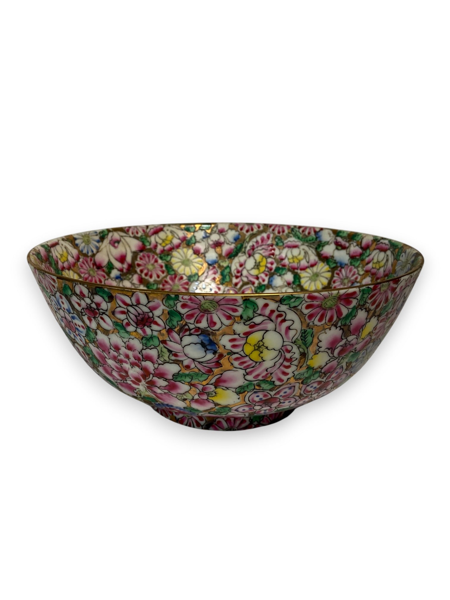 Chinese Famille Rose Bowl: Chinese Famille Rose porcelain bowl with gilt trim. Stamped on the underside. 4 1/2" H x 10" diameter. Some wear and fading to rim.