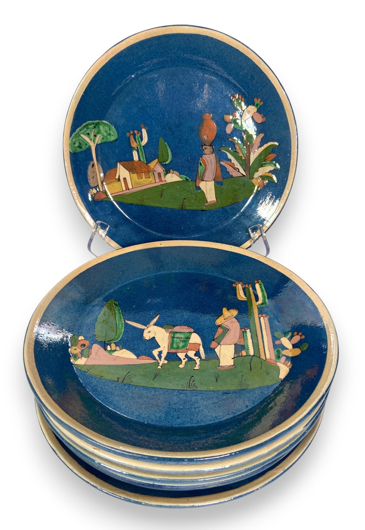 Mexican Folk Art Blue Glazed Terracotta Plates (1 of 6)