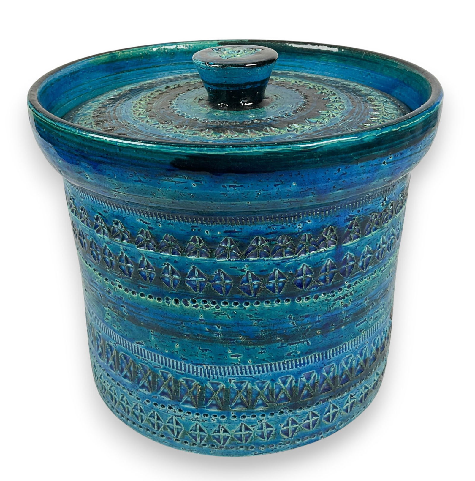 Bitossi Rimini Blue Ice Bucket For Raymor: Bitossi Rimini Blue ice bucket by Aldo londi for Raymor. Marked on underside. 8 1/4" H. One chip to bottom.