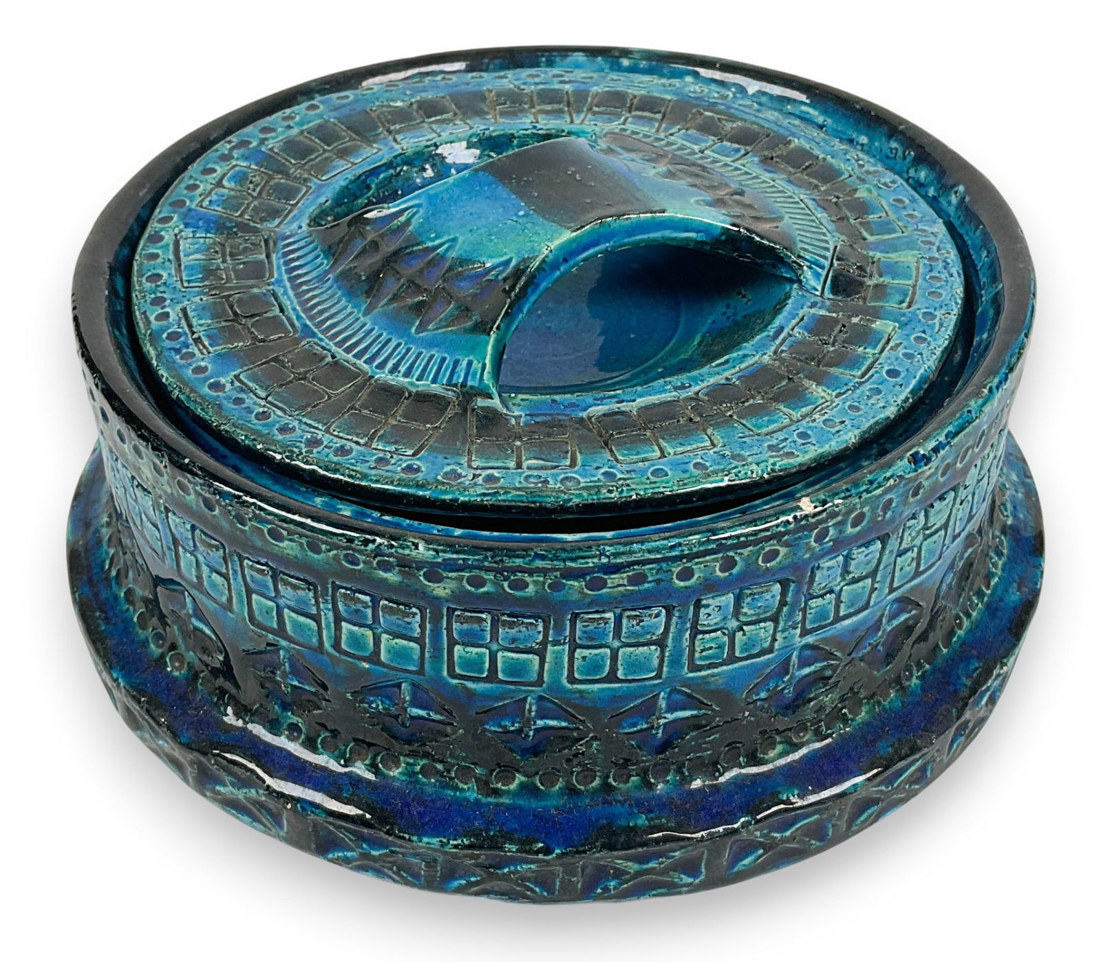 Bitossi Rimini Blue Lidded Bowl For Raymor: Bitossi Rimini Blue lidded bowl by Aldo Londi for Raymor. Marked on underside. 6 1/2" H. Small chip to bottom.