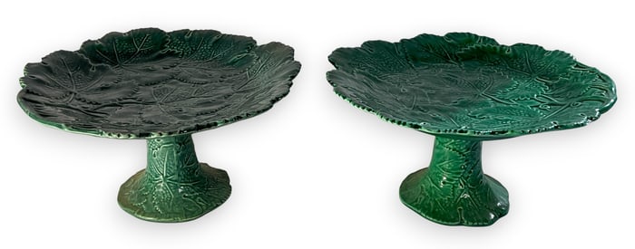 Pair of Italian Majolica Green Leaf Plate Stands