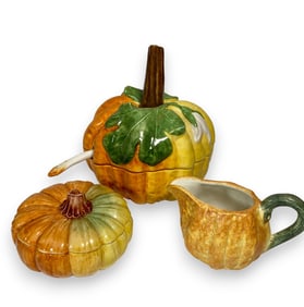 3 Italian Majolica Pumpkin Tureen & Tableware