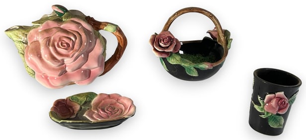 4 Majolica Rose Pottery Pieces