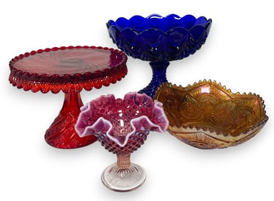 Group of Glass Serving Pieces Incl Cobalt Compote