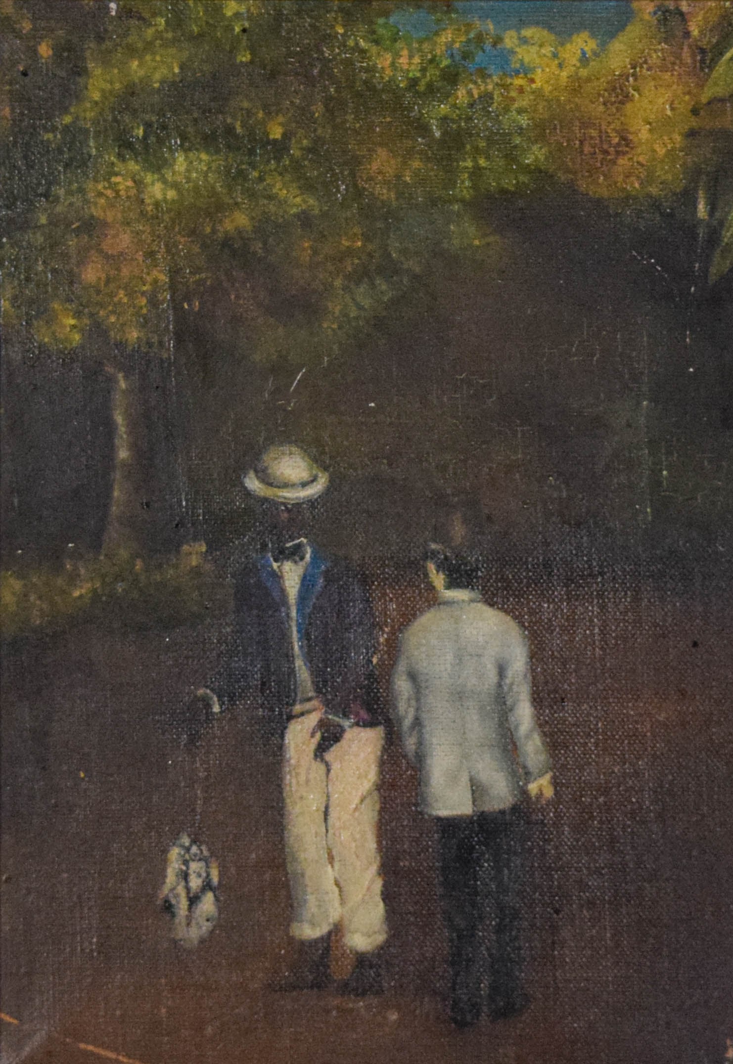 Oil on Canvas Two Men: Black Americana oil on canvas, two men. Unsigned, with wax seal with AG (GA?) monogram on verso. 10 1/4" x 7 1/8" (with frame 13" x 9 7/8"). Scratches and paint loss throughout.