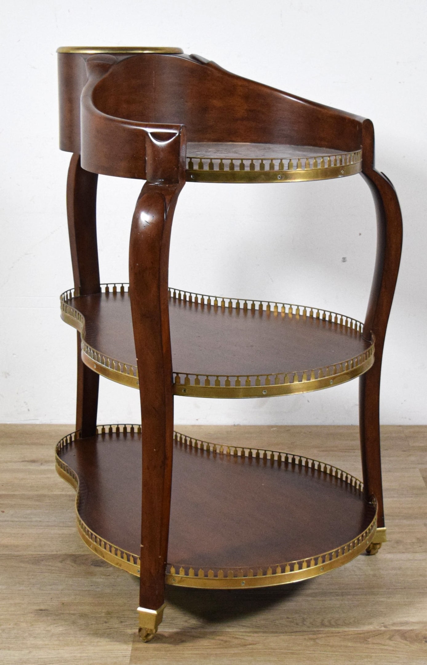 3 Tier Rafraichissoir Wine Cooler: 3 tier rafraichissoir wine cooler cart. Marble top and brass bucket, brass gallery on each tier. Unsigned. 38 7/8"H x 33 1/2"L x 23"W. Repair to the top of one leg, cracks to wood around bucket, chips