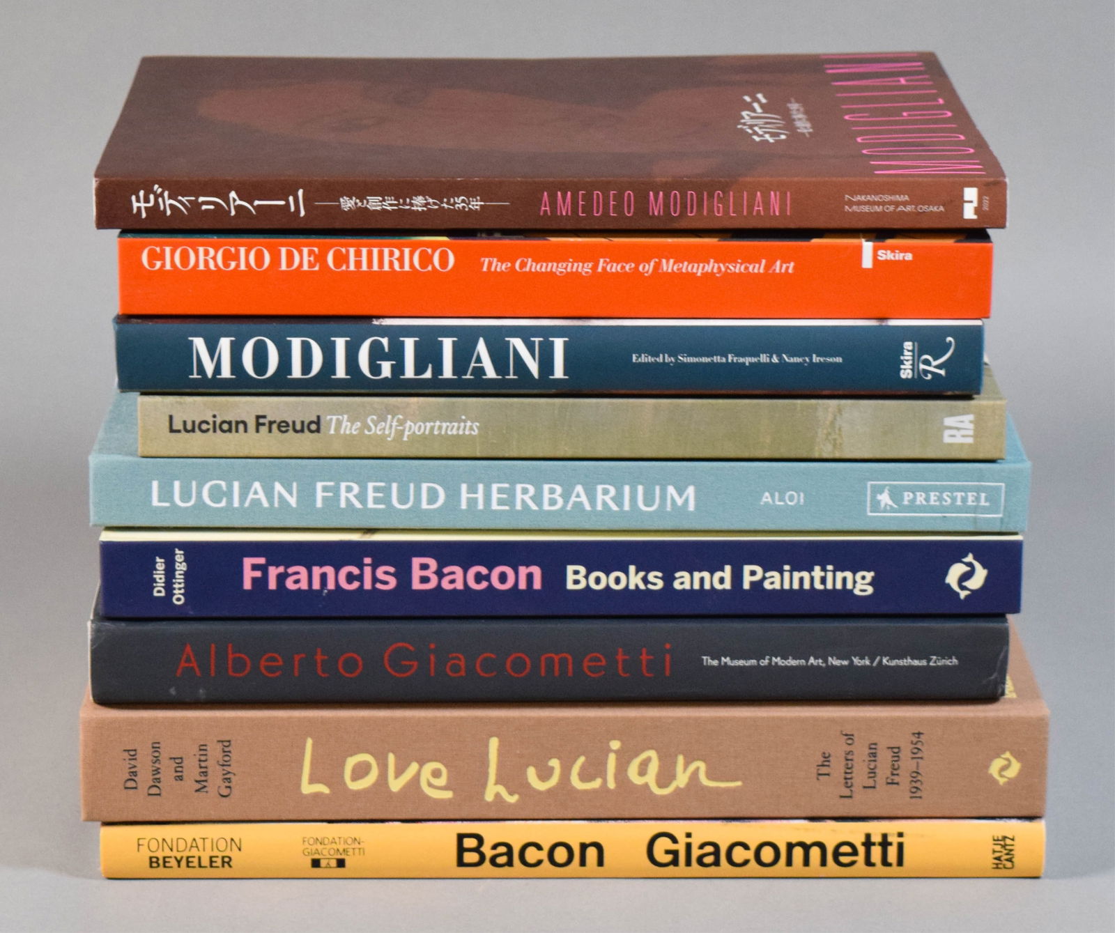 9 Art Books Giacometti, Freud, Bacon, Modigliani: 9 art books. Francis Bacon: Books and Painting, 2019; Bacon Giacometti, 2018; Alberto Giacometti, 2001; Giorgio De Chirico: The Changing Face of Metaphysical Art, 2019; Amedeo Modigliani, 2022;