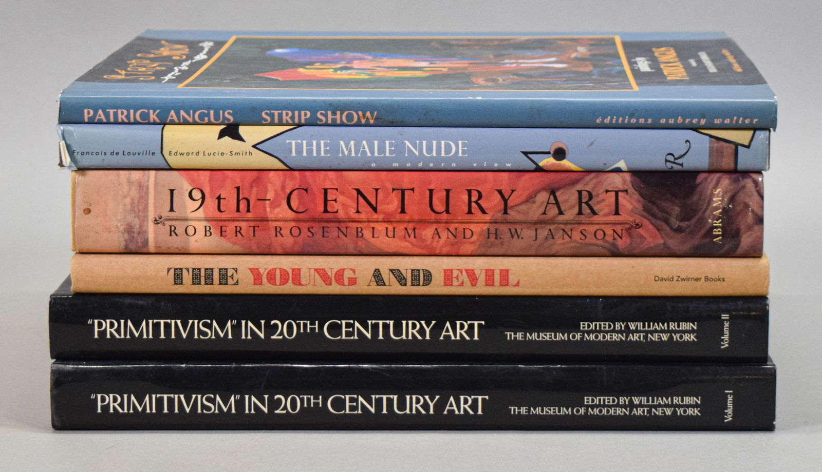 5 Art Books: Group of 5 art books. Strip Show: Paintings by Patrick Angus, Editions Aubrey Walter, 1992; Francois de Louville and Edward Lucie Smith, The Male Nude: A Modern View, Rizzoli, 1985, with inscription