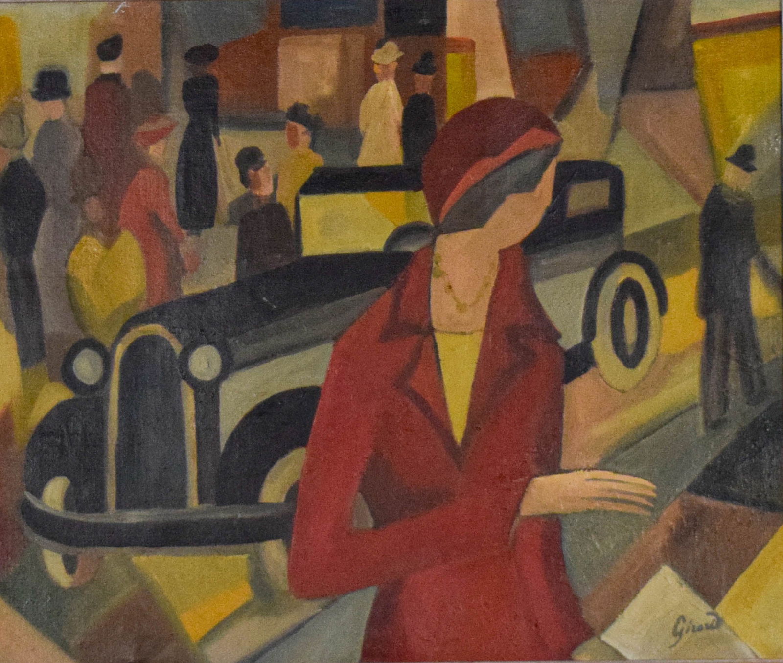 Georges Girard Oil on Canvas Street Scene: Georges Girard (Swiss, 1917-2003). Oil on canvas, street scene. Signed Girard lower right. 17 1/2" x 21 1/4" (with frame 25 1/2" x 29"). Scratch upper left, nail visible upper right, chips and losses