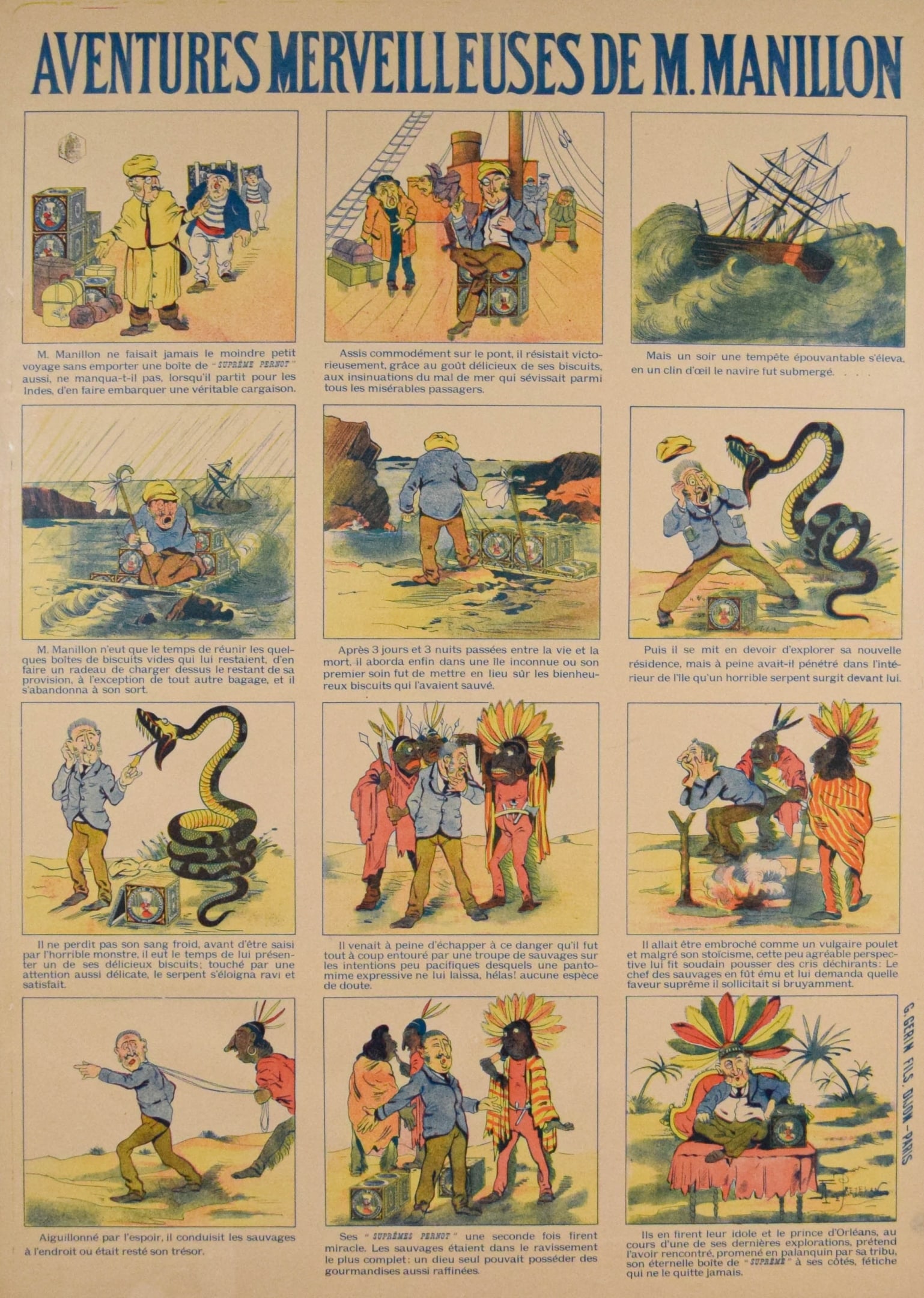 Rene Prejelan Lithograph Poster Aventures Manillon: Rene Prejelan (French, 1877-1968). Lithograph, French advertising poster, Aventure Merveilleuses De M. Manillon. 12 panel comic style advertisement for Supreme Pernot. Printed G. Gerin, signed in the