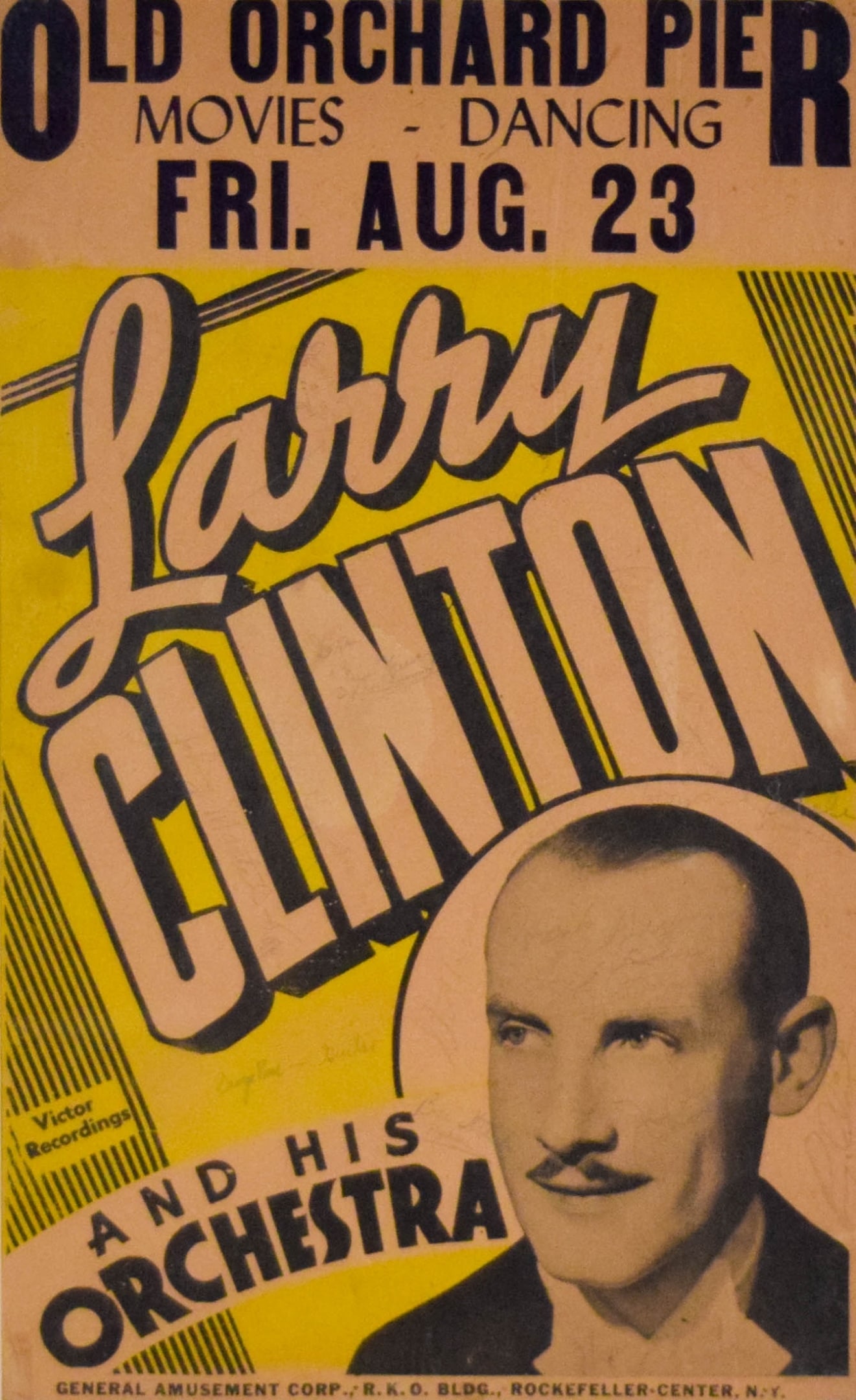 Larry Clinton Old Orchard Pier Poster 1940: Vintage signed Old Orchard Pier concert window card poster, Old Orchard Beach, Maine. Larry Clinton and His Orchestra, c. 1940. Signed by Clinton and orchestra members. 21 1/4" x 13 1/4" (with frame 2