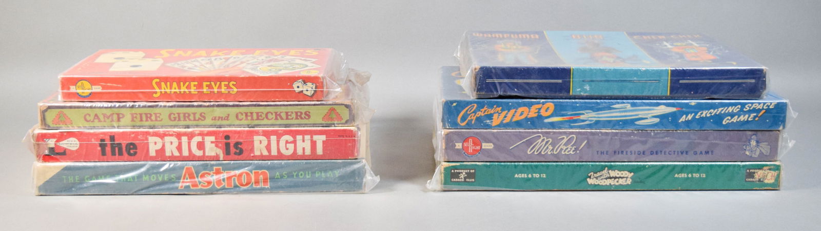 8 Vintage Board Games: Lot of 8 vintage board games. Astron, The Price is Right, Camp Fire Girls & Checkers, Mr. Ree, Snake Eyes, Captain Video, Chen-Chek / Bub / Wampuma, Travel With Woody Woodpecker. Games and boxes all a