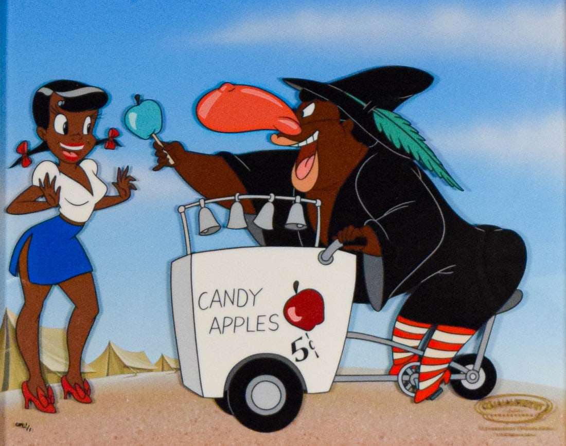 Coal Black and De Sebben Dwarfs Cel Bob Clampett: Coal Black and De Sebben Dwarfs animation cel, She's Got It Bad, And Dat Ain't Good!, Clampett Studio Collections / Warner Bros. Hand painted cel and background, created in 2005, from the original