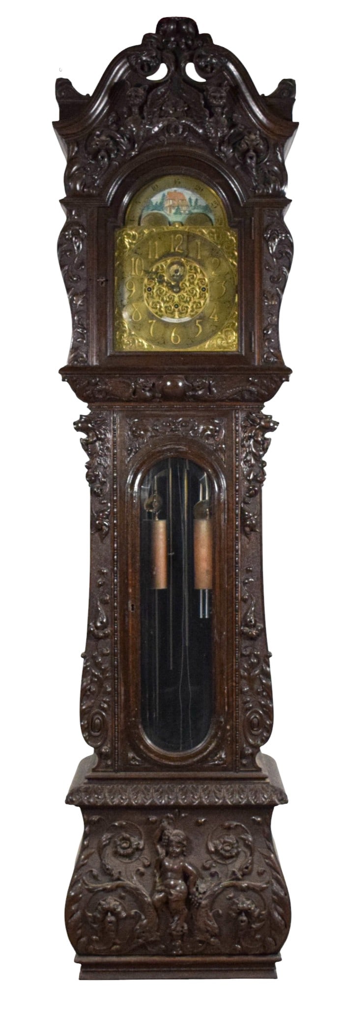 R.J. Horner Carved Grandfather Clock: R.J. Horner heavily carved mahogany grandfather clock. Dial signed R.J. Horner & Co. New York and Elliott London, with scene of house in landscape above. Carved mahogany case with carvings of griffins