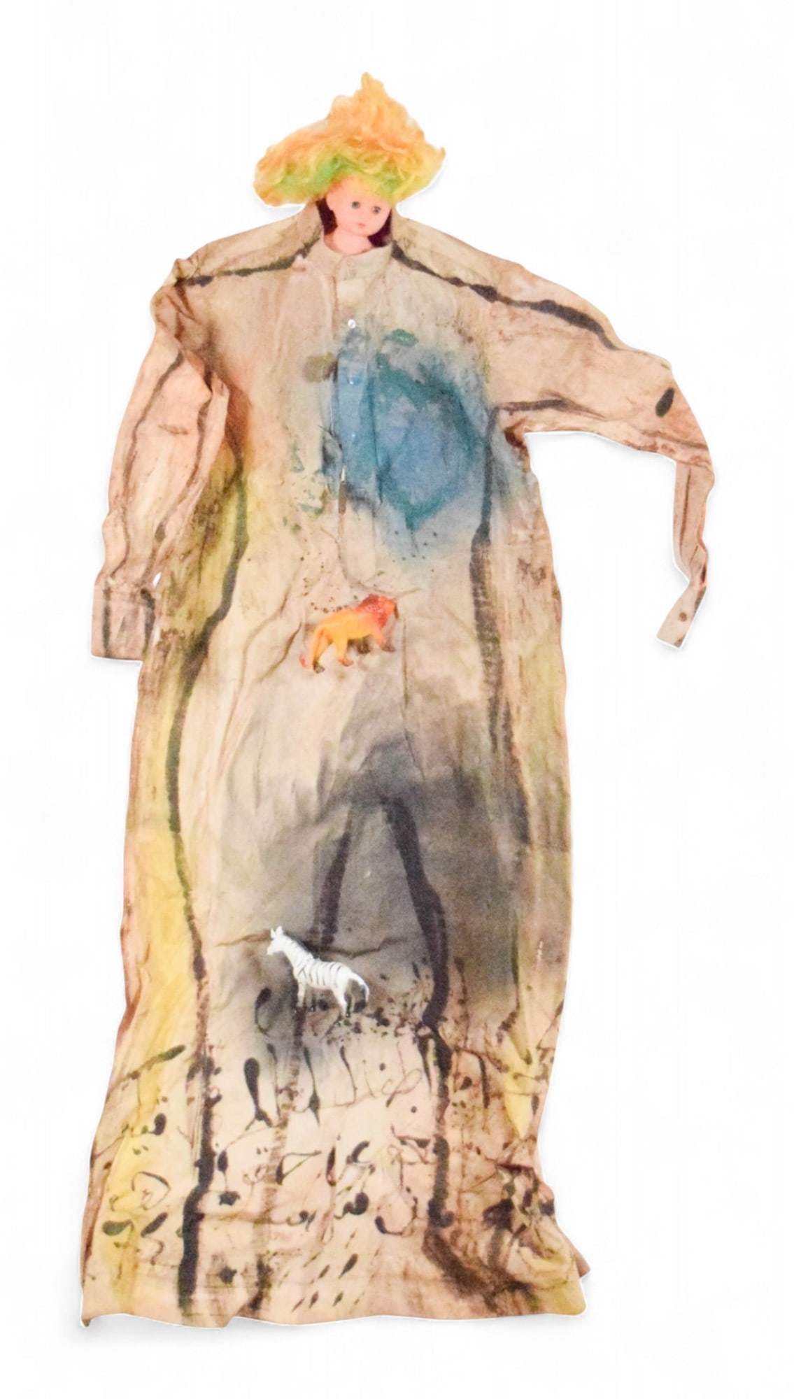 Faisal Samra Mixed Media Doll Poupee Adulte No. 02: Faisal Samra (Saudi Arabian, 1955-). Mixed media doll sculpture, with fabric, paint, plastic animal figures, doll, fishing line, wire, Poupee Adulte No. 02. Signed and dated 2001 on verso. With paperw