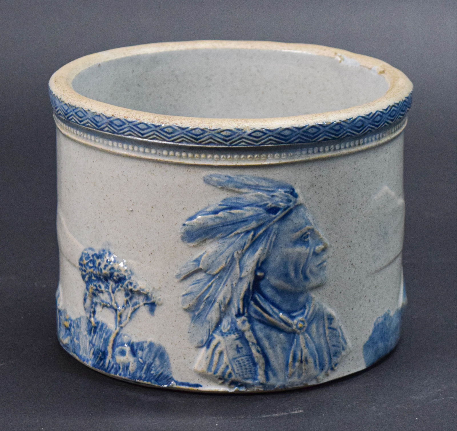 Sleepy Eye Stoneware Butter Crock: Blue glaze stoneware pottery butter crock, Old Sleepy Eye. Incised H on the underside, otherwise unmarked, attributed to Weir Pottery. 5"H x 6 1/2"-diameter.