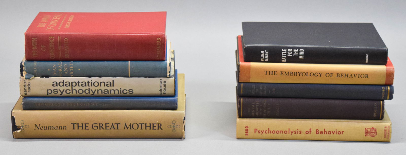 10 Psychology Books 1930s-1960s: Group of 10 psychology and human behavior books, 1930s-1960s. G.F. Gause, The Struggle for Existence, The Williams & Wilkins Company, 1934; James A. Breasted, The Dawn of Conscience, Charles Scribner'