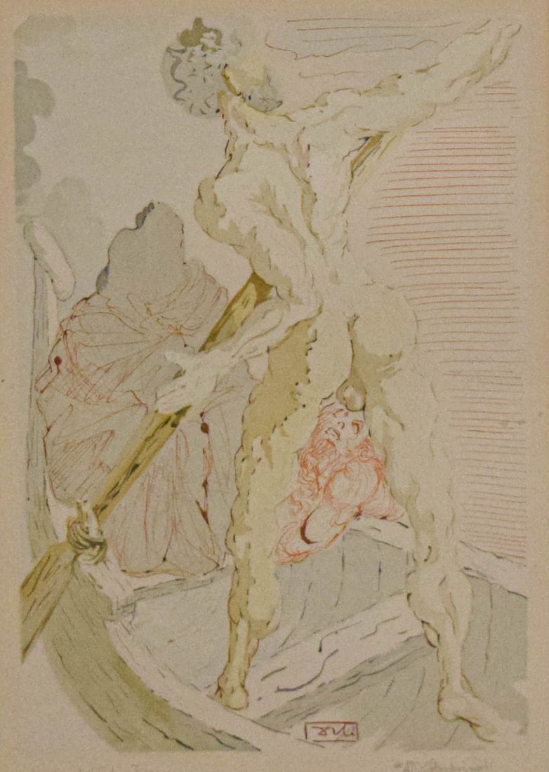 After Salvador Dali Woodcut Charon: After Salvador Dali (Spanish, 1904-1989). Woodcut, Charon and the Passage of the Acheron. Signed in the plate lower center, and "woodcut / Dante's Inferno" and "#470 Salvador Dali" written in pencil i