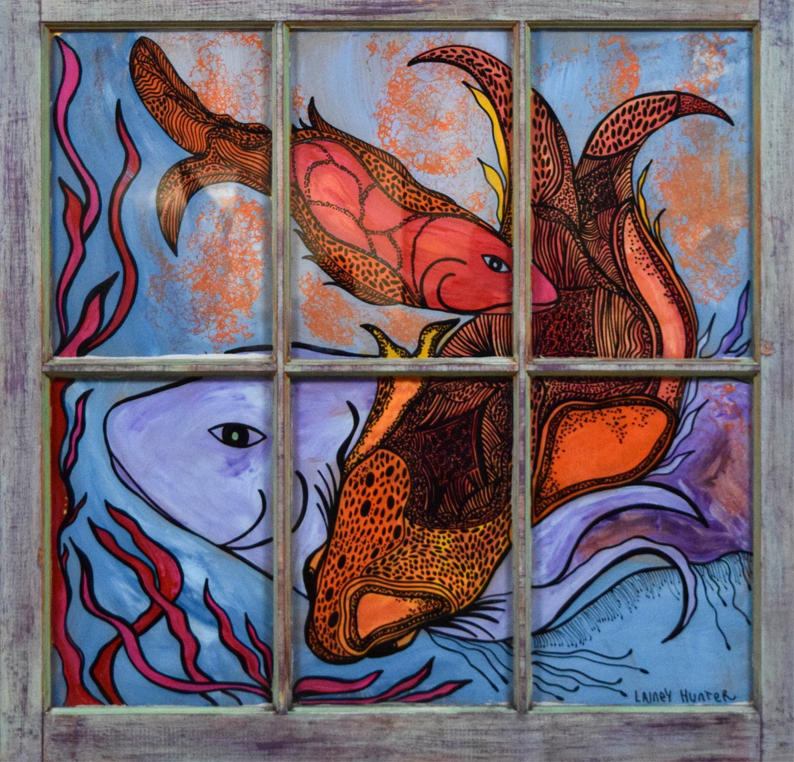 Lainey Hunter Mixed Media on Glass Window Fish: Lainey Hunter (20th / 21st century). Mixed media on glass window, fish. Signed lower right. Window frame 29 1/4" x 30 1/2".