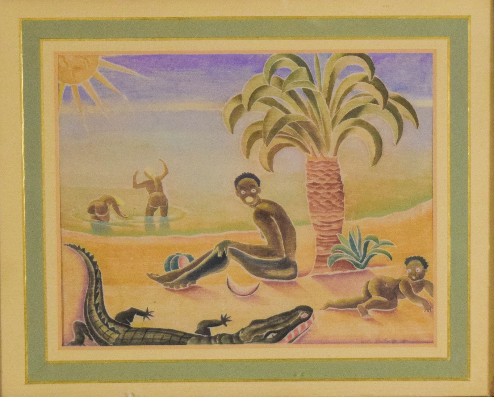 Mary Viola Paterson Gouache: Mary Viola Paterson (British, 1899-1981). Gouache on paper, beach scene. Signed lower right. 8 1/2" x 10 3/4" (with frame 17 3/8" x 20 1/8"). Chips to frame.