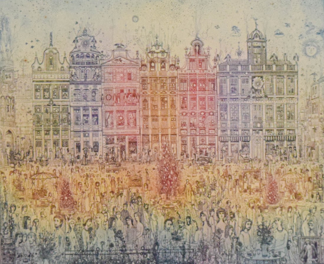 Arnold Gross Etching Brusszeli Vasarnap: Arnold Gross (Hungarian, 1929-2015). Etching, Brusszeli vasarnap. Pencil signed lower right, and titled and numbered 78/100 in pencil lower left. 11" x 13" (with frame 18 1/4" x 20 1/4").