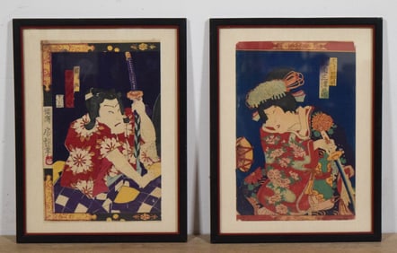 Pair Toyohara Kunichika Block Prints Kabuki Actors