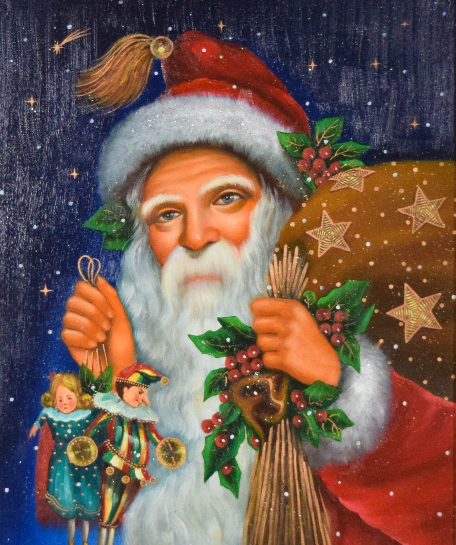 Christopher Radko Oil on Canvas Old St. Nick: Christopher Radko Collection, limited edition oil on canvas with glitter embellishments, Old St. Nick. From The Fine Art of Christmas, 1998. Unsigned, with COA numbered 93/500. 23 1/2" x 19 1/2" (with