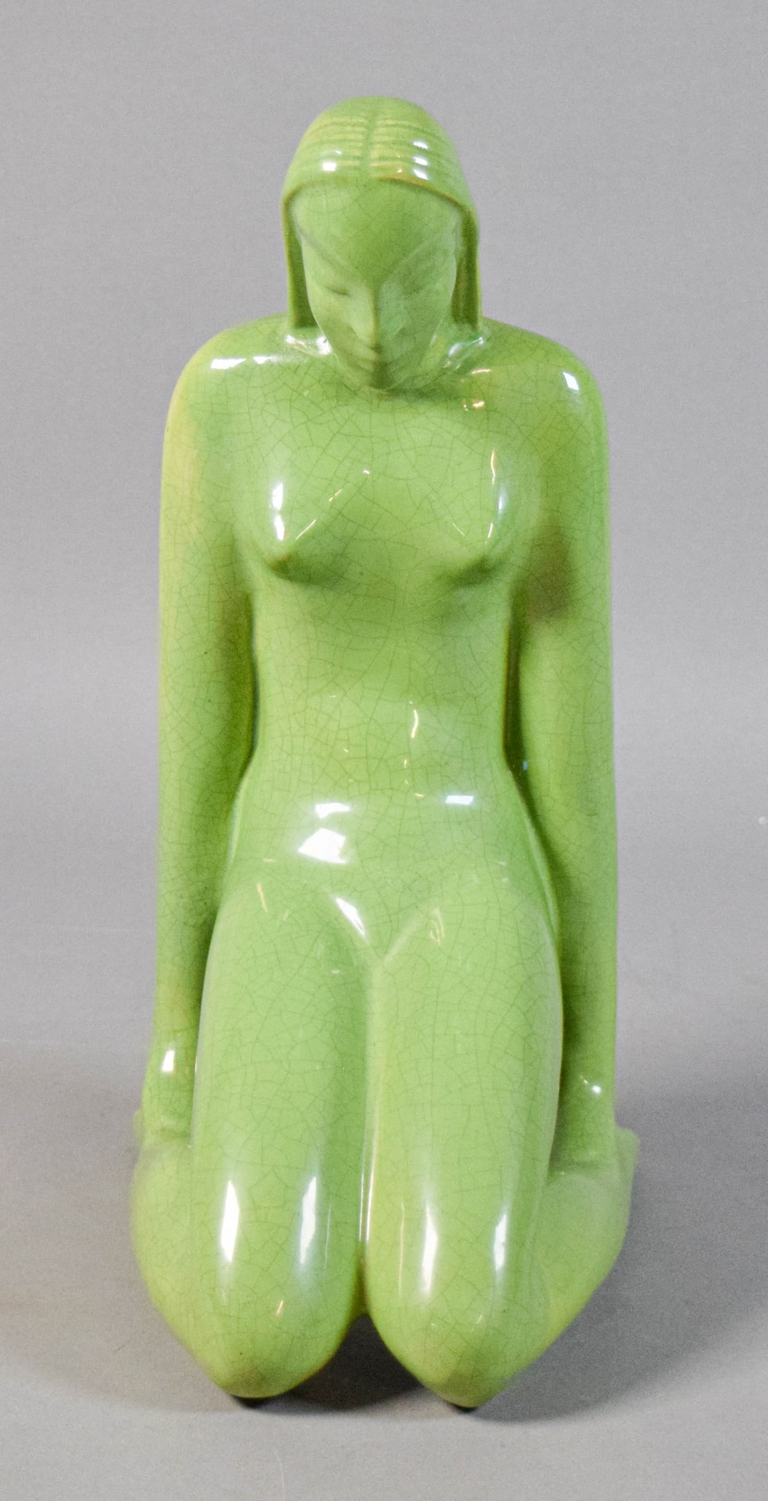 Geza Gorka Pottery Figure Kneeling Woman: Geza Gorka pottery figure, Frankart style kneeling woman. Marked on the underside and signed on one leg. 13 7/8"H.