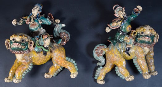 Pair of Chinese Terracotta Roof Tiles Foo Dogs