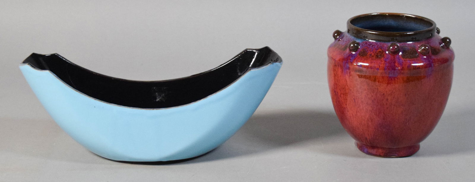 2 Pieces Chinese & Japanese Pottery: 2 pieces Chinese and Japanese pottery. Chinese flambe vase, signed with a 4 character mark on the underside, 6"H; Japanese planter / bowl, illegible mark on the underside, 4 3/8"H x 11 3/8"L. Flambe v