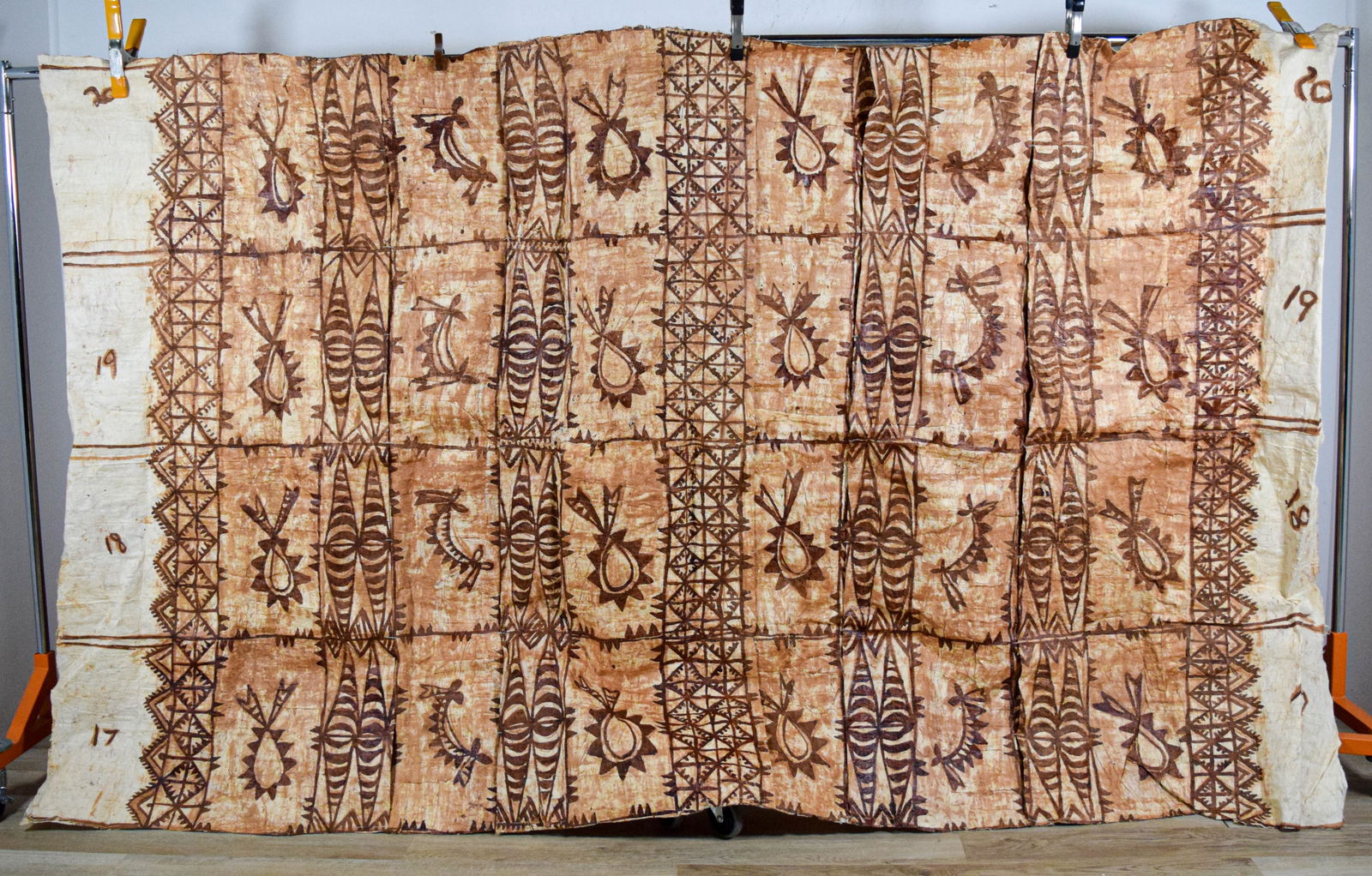 Pacific Island Tapa Cloth: Pacific Island tapa cloth. 75" x 126". Wear, tears and losses along seams and at edges.