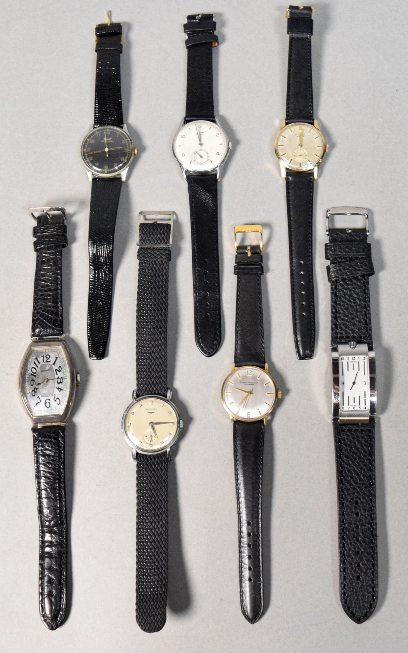 7 Vintage Wrist Watches Longines, Tissot, G-P: 7 vintage wristwatches. 2 Tissot, 3 Longines including 1 10k gold filled and 1 diamond dial, Girard-Perregaux 10k gold filled, Movado automatic. All except Movado running, timekeeping and other functi