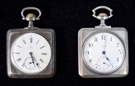 2 Silver Pocket Watches Omega & Klythia Square